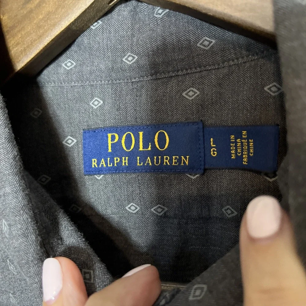 Polo Ralph Lauren Men's Gray Diamond Pattern Button Front L/S‎ Shirt Sz Large